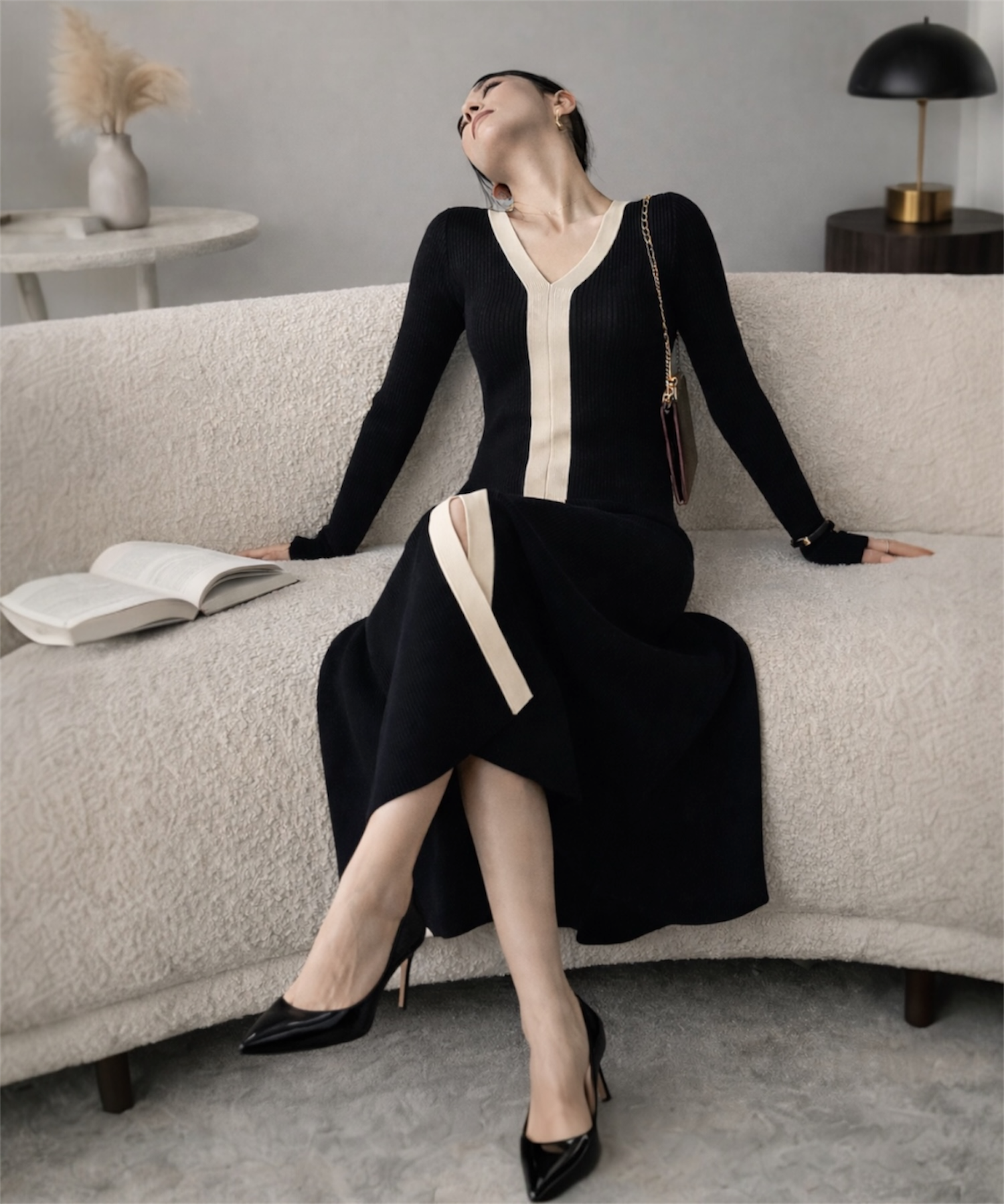 コントラストライン ロングニットワンピース