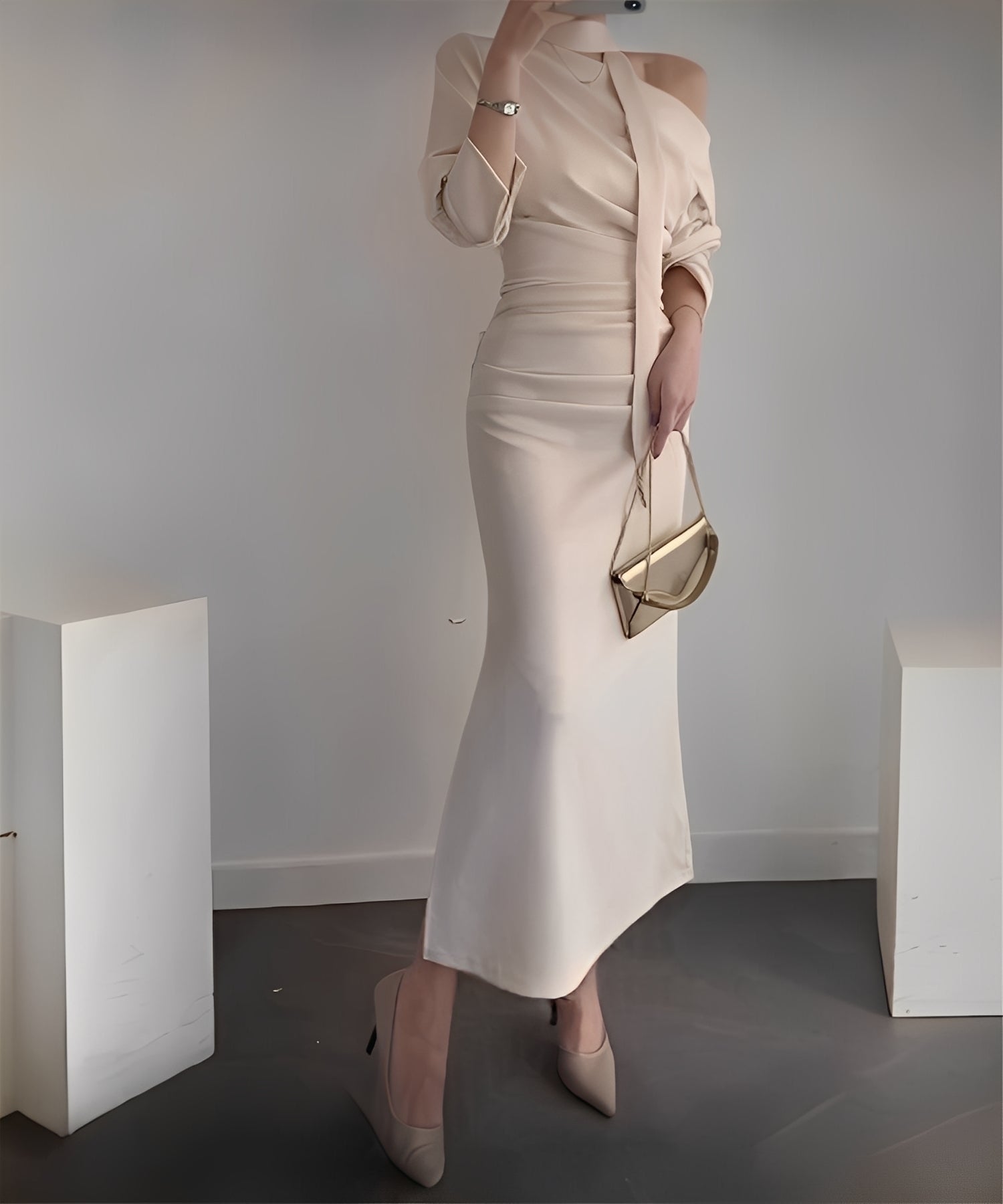 スカーフドレープワンピース/ Scarf Drape Dress – Graceful Off-Shoulder Silhouette