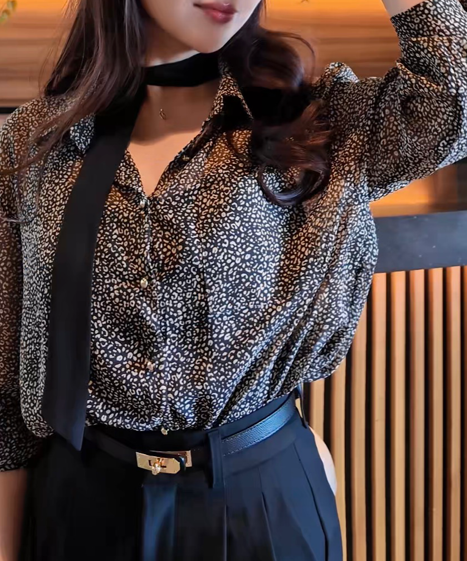 レオパード柄 シアーボウタイブラウス