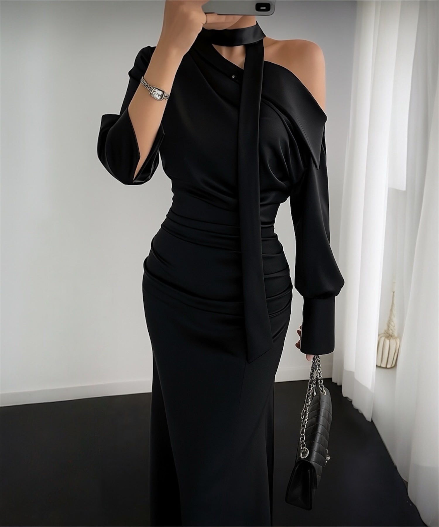 スカーフドレープワンピース/ Scarf Drape Dress – Graceful Off-Shoulder Silhouette