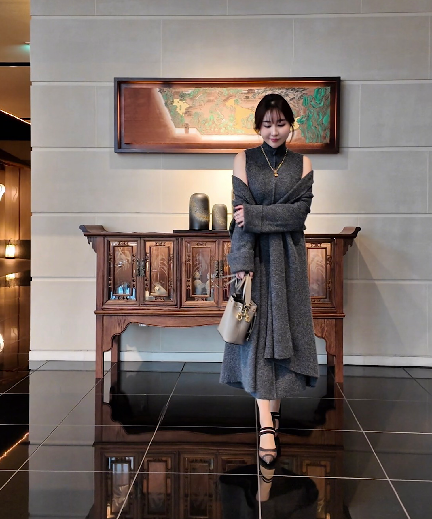 ショルダースリット ハイネックワンピ＆ロングカーデセット