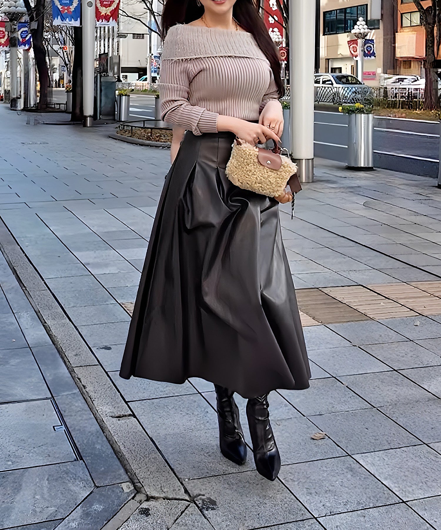 エルメス HERMES ダークブラウン ディアスキンレザー フレアスカート