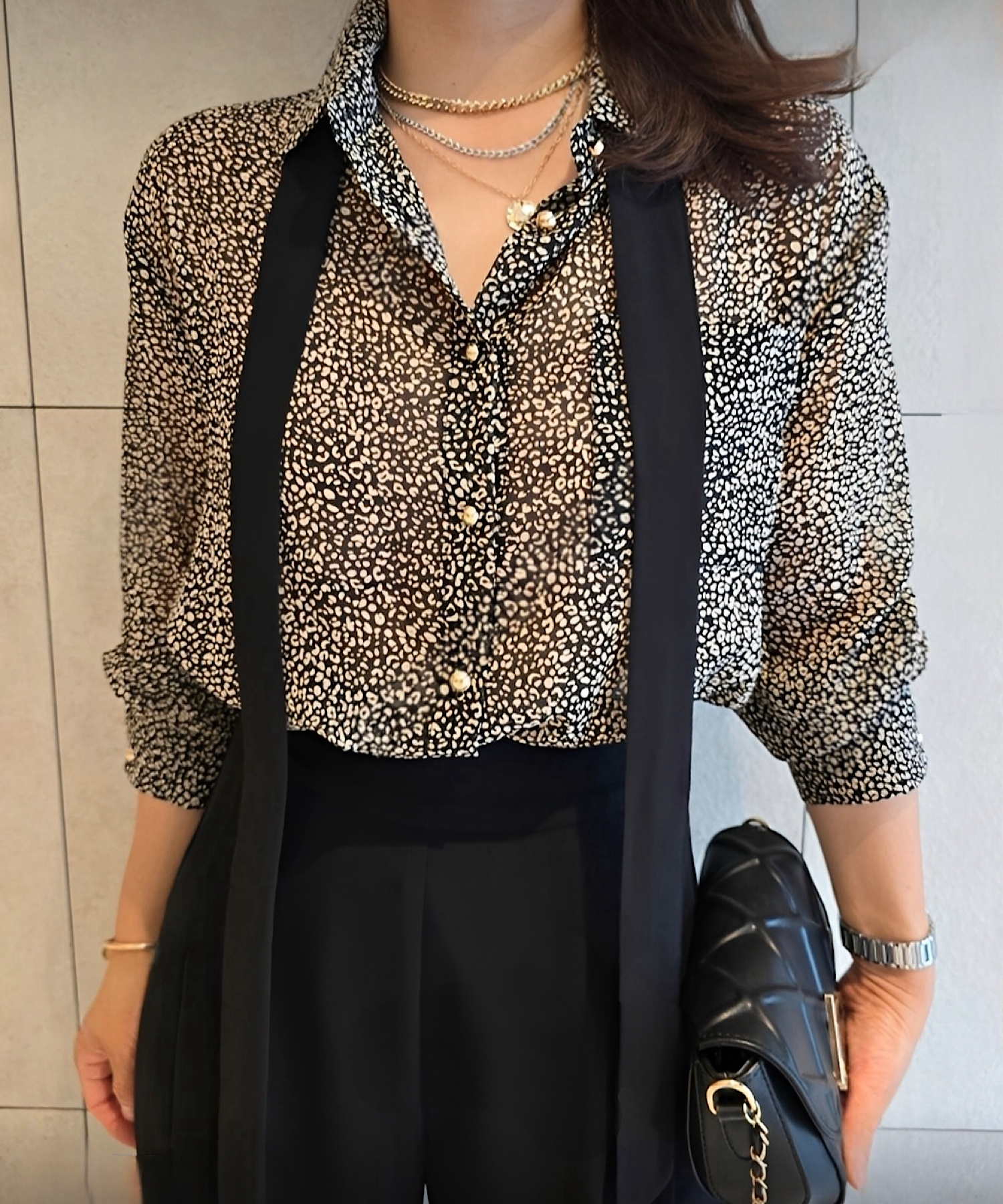 レオパード柄 シアーボウタイブラウス