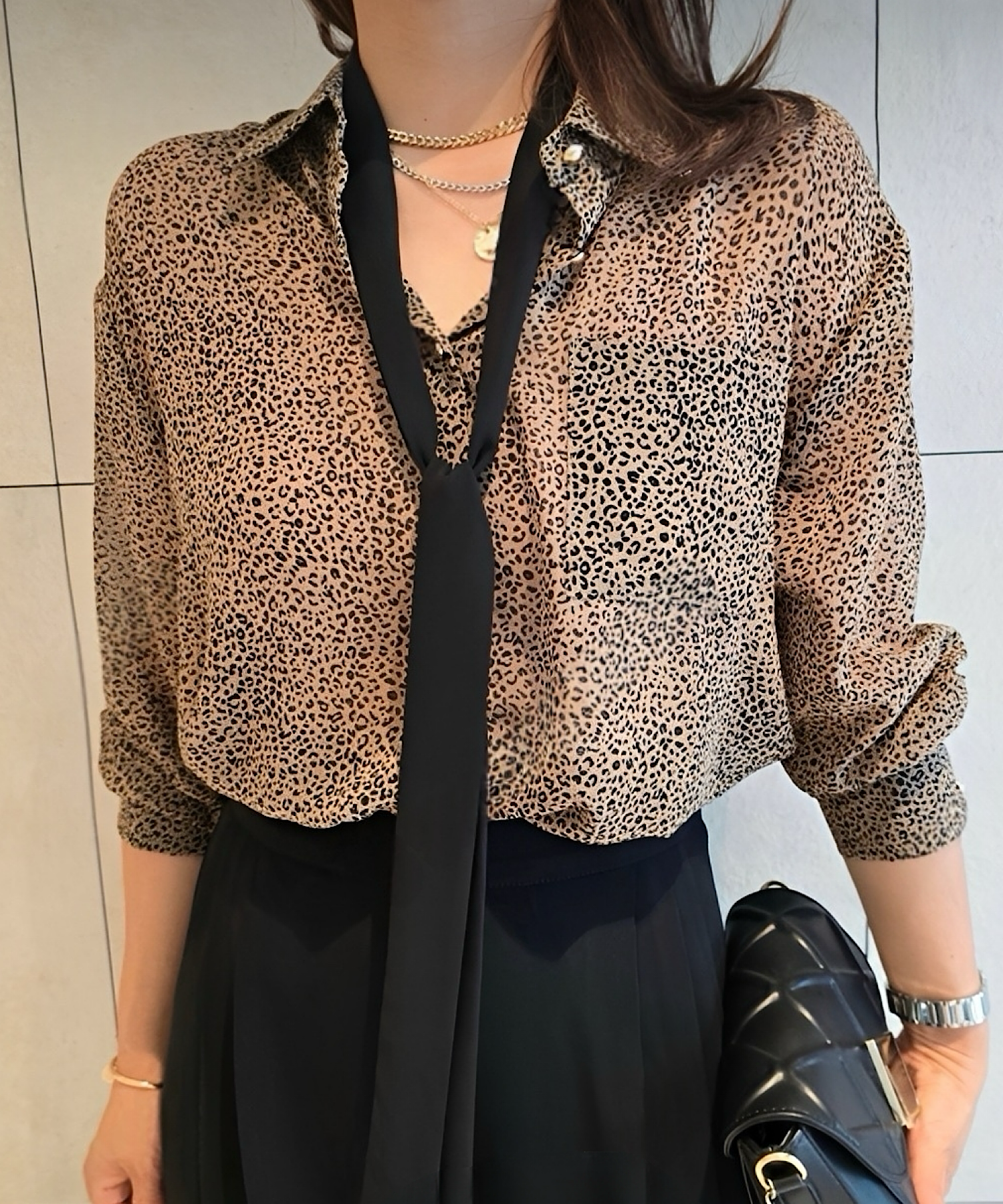 レオパード柄 シアーボウタイブラウス