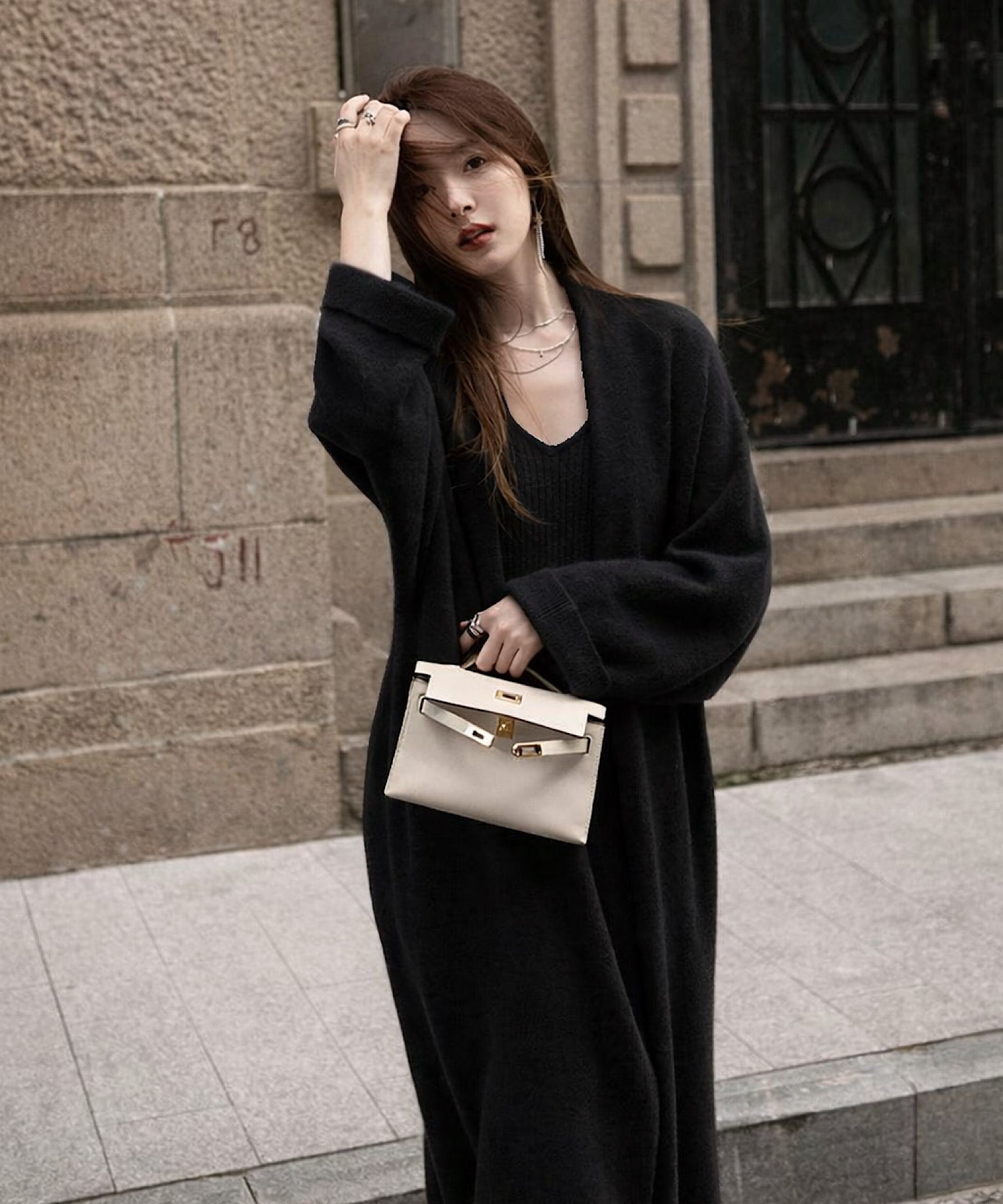 リブニットワンピース × ロングカーディガン セット