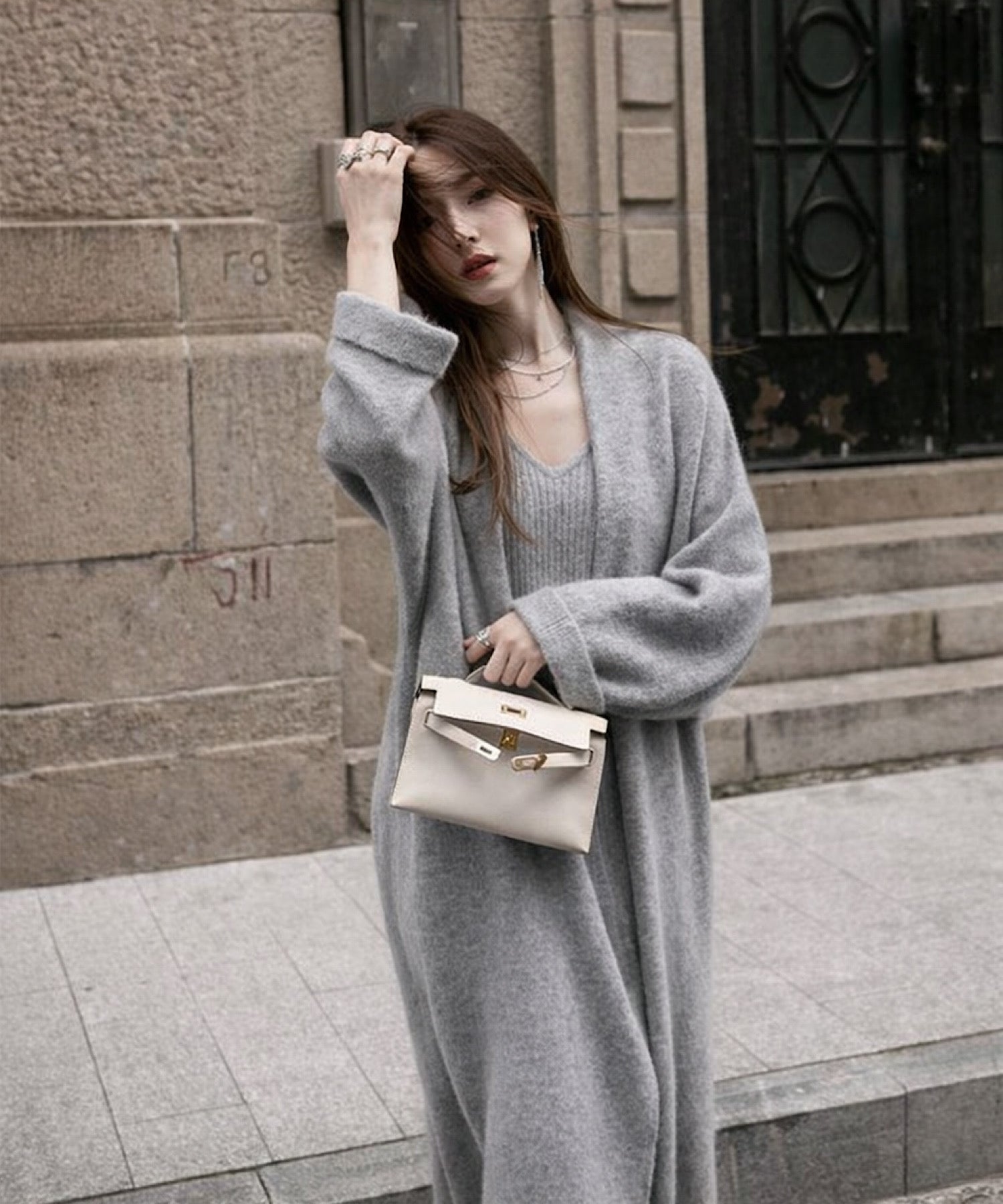 リブニットワンピース × ロングカーディガン セット