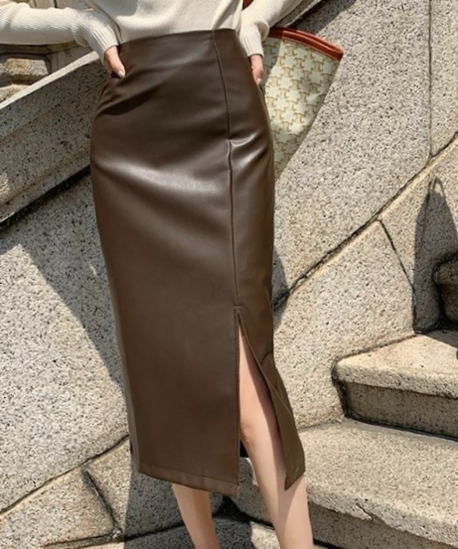 エコレザー サイドスリット Iラインスカート＜3サイズ展開＞