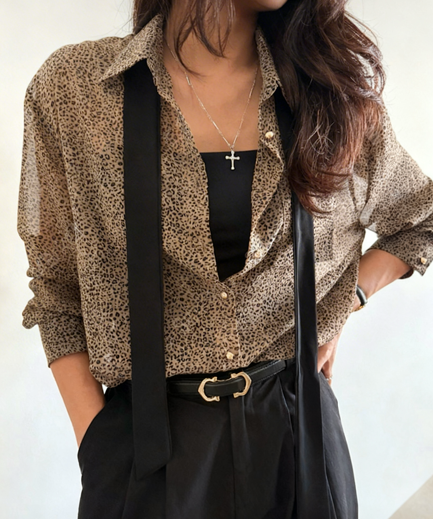 レオパード柄 シアーボウタイブラウス