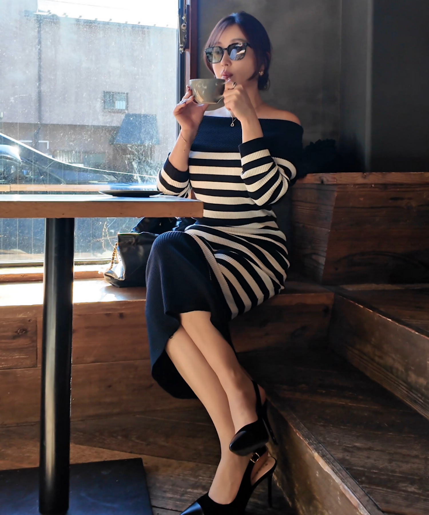 ボーダーオフショルダー ニットワンピース