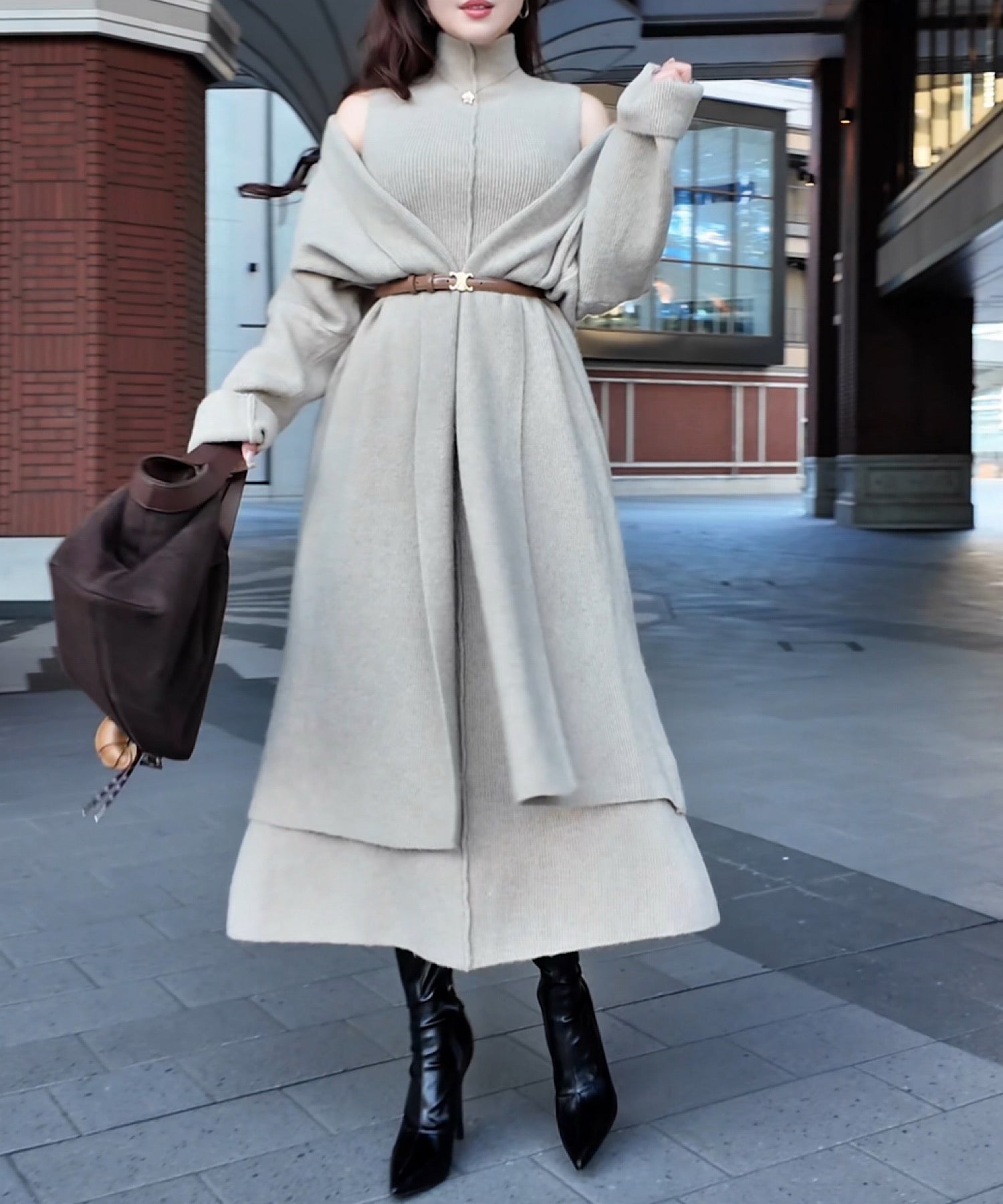 ショルダースリット ハイネックワンピ＆ロングカーデセット