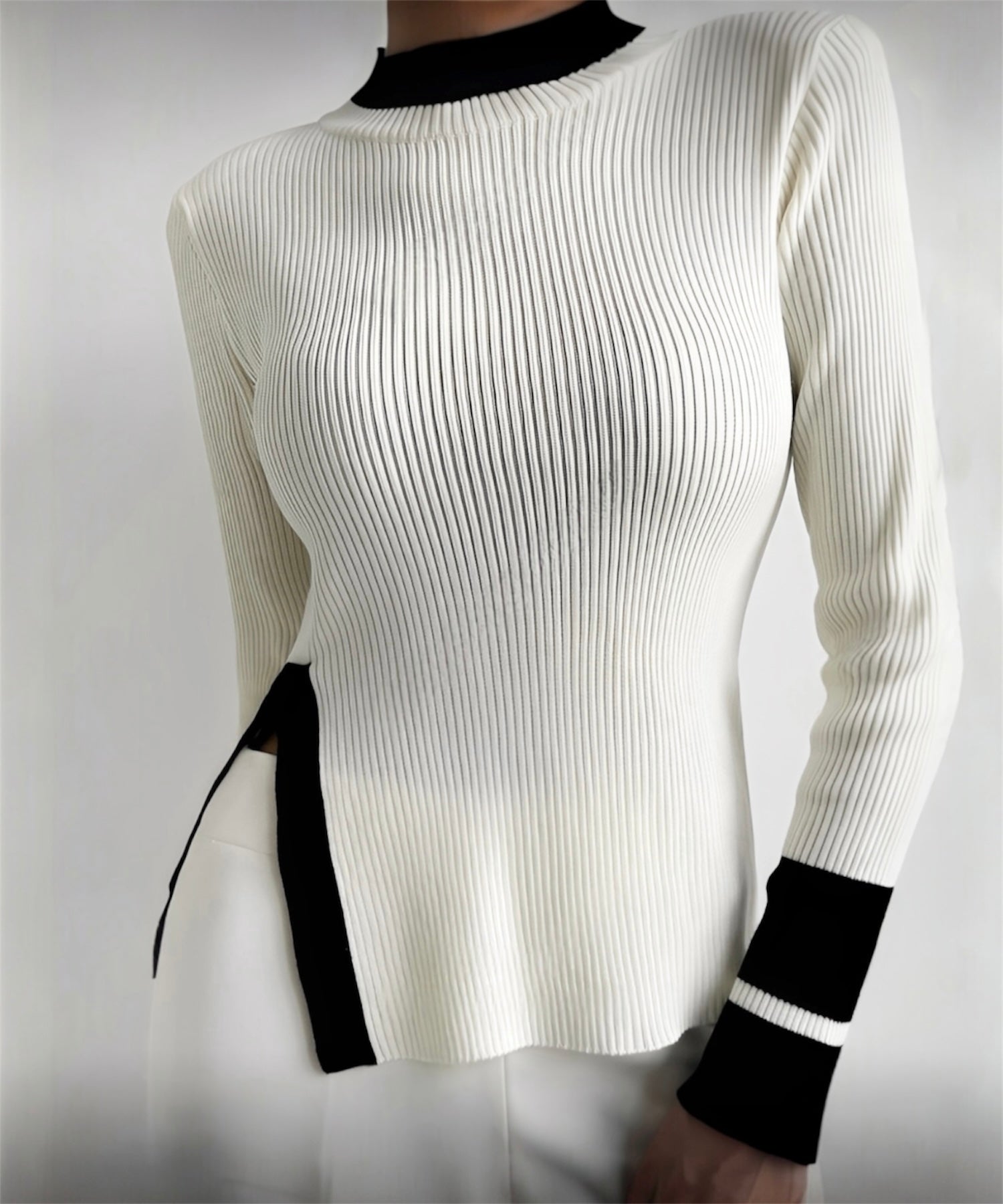 モードバイカラーハイネックトップス